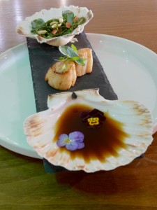 Smiths at Gretna Green Hotel. Eating out. Scallops with sea vegetables and dashi broth. 25th May 2016 JONATHAN BECKER